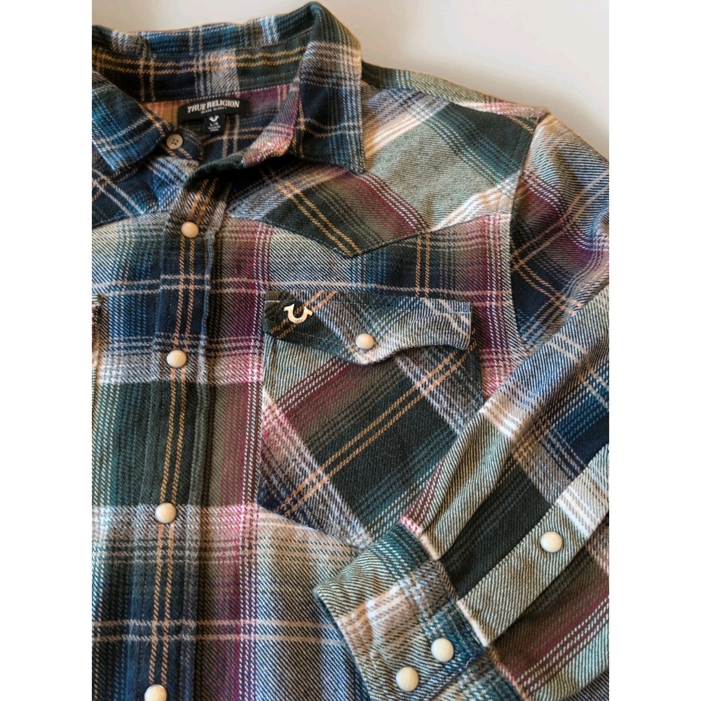 True Religion Western Pearl Snap Button Shirt Mens M Plaid Horseshoe Green Rust